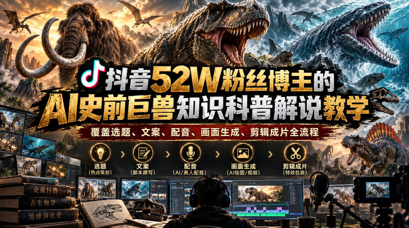 抖音52W粉丝博主的AI史前巨兽知识科普解说教学，覆盖选题、文案、配音、画面生成、剪辑成片全流程-洛柒笔记