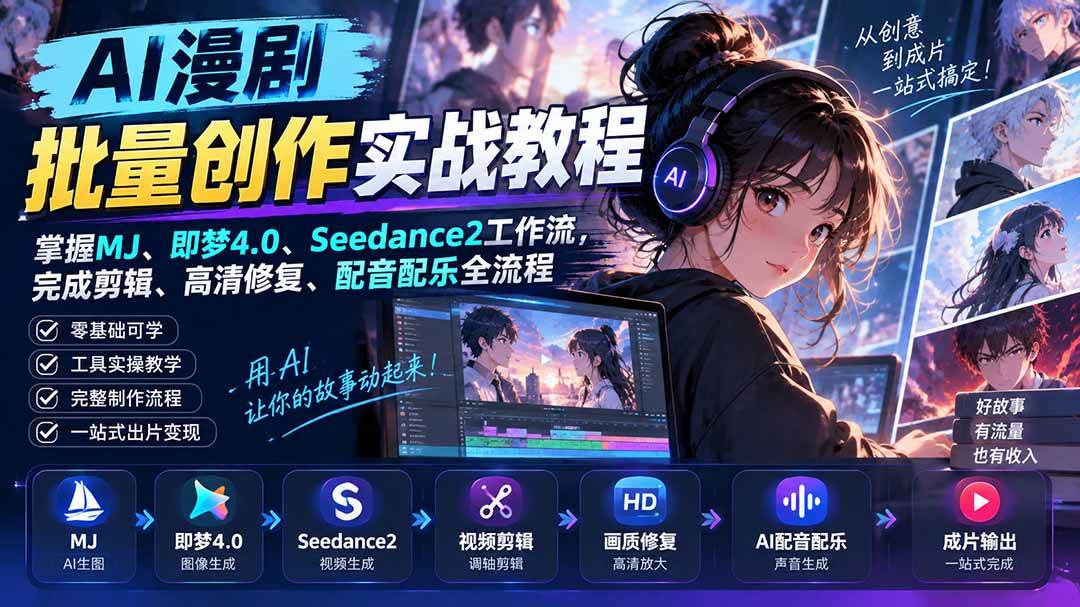 （20488期）AI漫剧批量创作实战教程：掌握MJ、即梦4.0、Seedance2工作流，完成剪辑、高清修复、配音配乐全流程-洛柒笔记