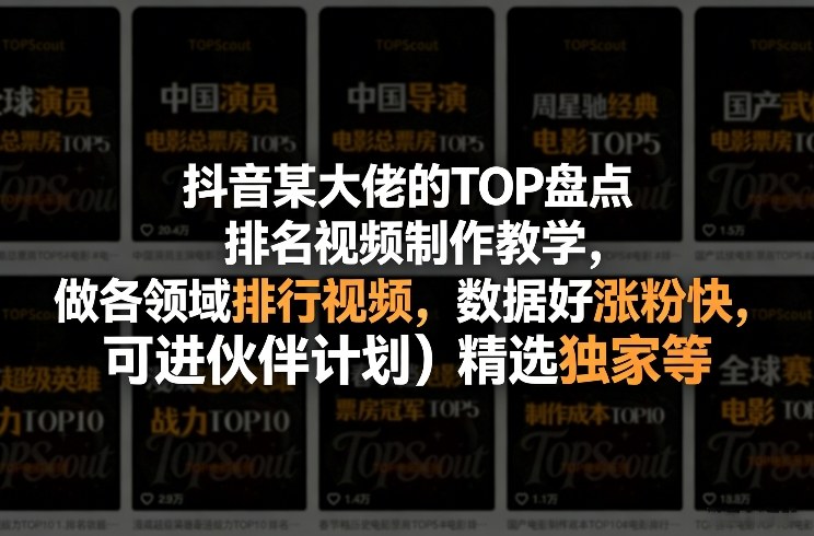 抖音某大佬的TOP盘点排名视频制作，做各领域排行视频，数据好涨粉快，可进伙伴计划＋精选独家等-洛柒笔记