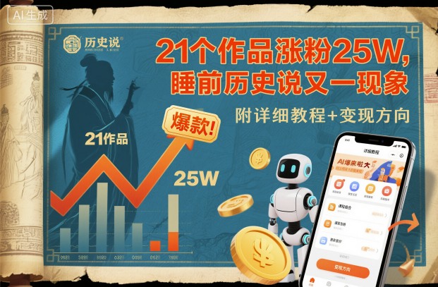 21个作品涨粉25W，睡前历史说又一现象级AI内容大爆款来啦，附详细教程+变现方向-洛柒笔记