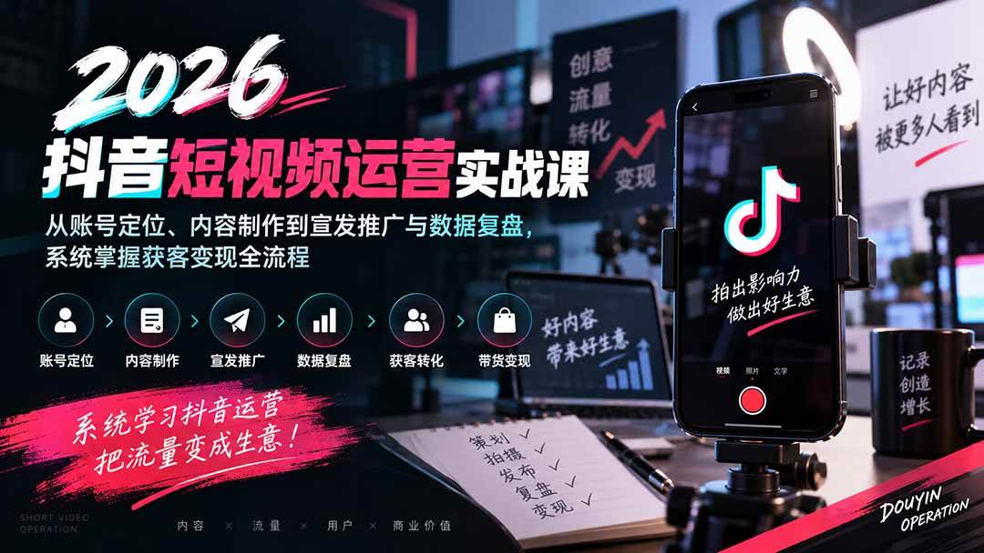 （20406期）2026抖音短视频运营实战课：从账号定位、内容制作到宣发推广与数据复盘，系统掌握获客变现全流程-洛柒笔记