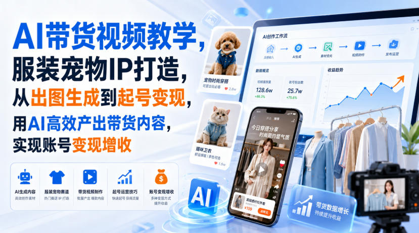 AI带货视频教学，服装宠物IP打造，从出图生成到起号变现，用AI高效产出带货内容，实现账号变现增收-洛柒笔记