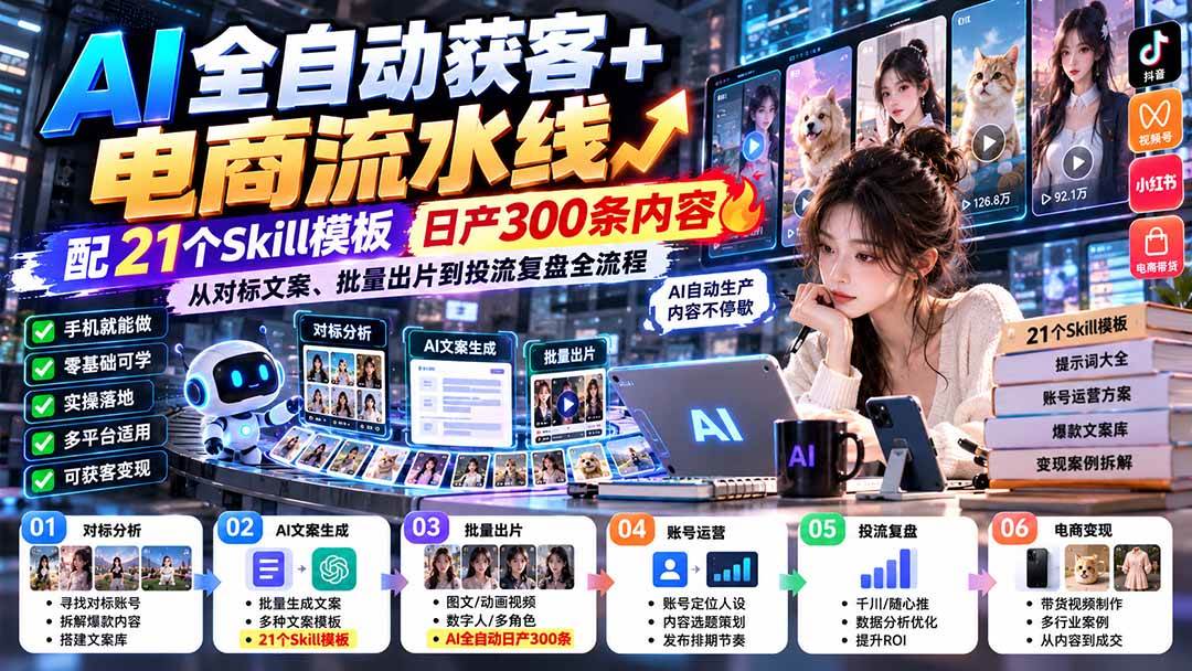 （20664期）AI全自动获客+电商流水线：配21个Skill模板，日产300条内容，从对标文案、批量出片到投流复盘全流程-洛柒笔记