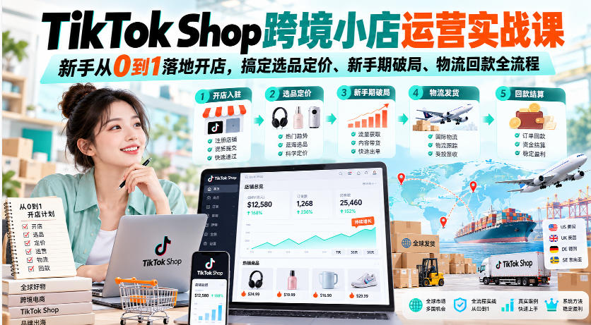TikTok Shop跨境小店运营实战课，新手从0到1落地开店，搞定选品定价、新手期破局、物流回款全流程-洛柒笔记