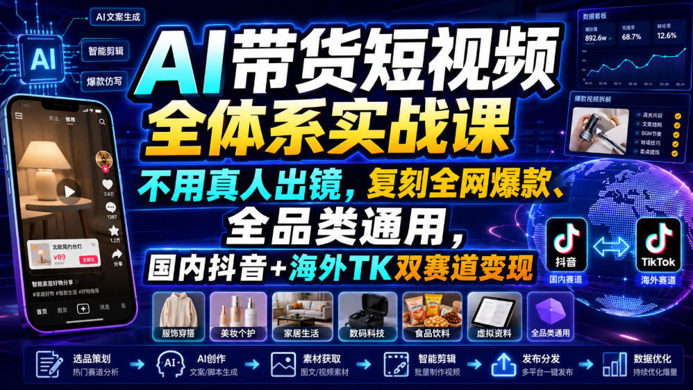AI带货短视频全体系实战课，不用真人出镜，复刻全网爆款、全品类通用，国内抖音+海外TK双赛道变现-洛柒笔记
