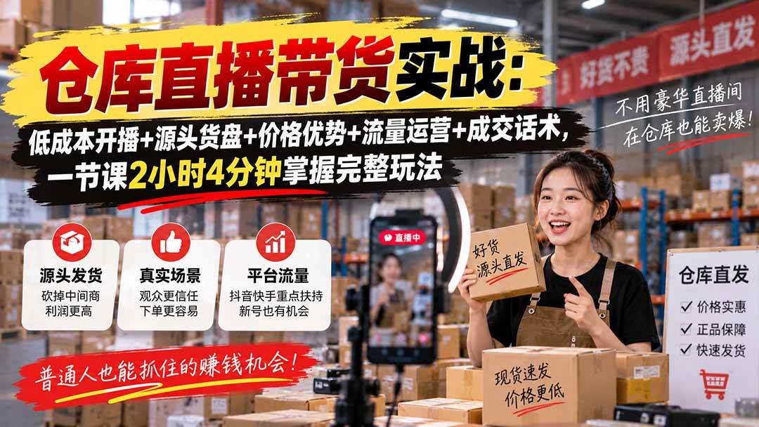 （20471期）仓库直播带货实战：低成本开播+源头货盘+价格优势+流量运营+成交话术，一节课2小时4分钟掌握完整玩法-洛柒笔记