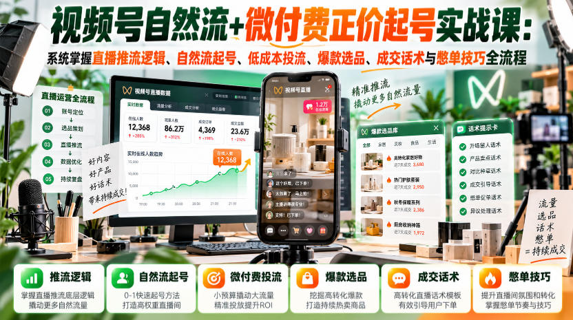 视频号自然流+微付费正价起号实战课：系统掌握直播推流逻辑、自然流起号、低成本投流、爆款选品、成交话术与憋单技巧全流程-洛柒笔记
