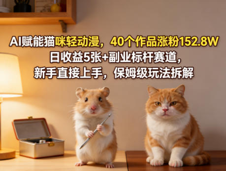 AI赋能猫咪轻动漫，40个作品涨粉152.8W，日收益5张+副业标杆赛道，新手直接上手，保姆级玩法拆解-洛柒笔记