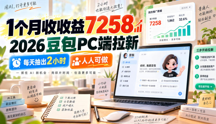 1个月收收益7258，2026豆包PC端拉新，每天抽出2小时，人人可做-洛柒笔记