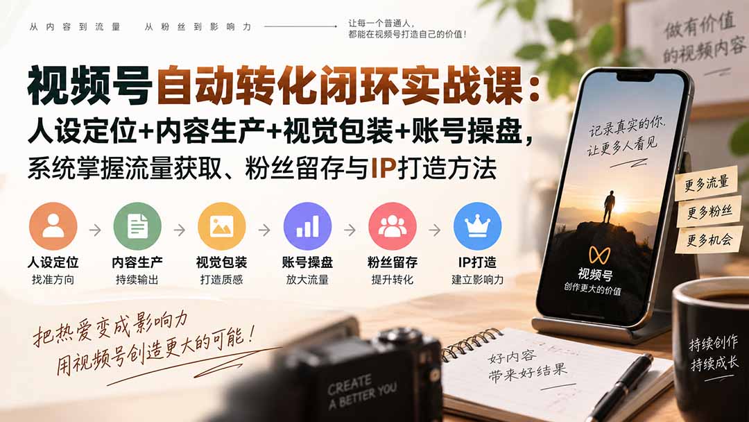 视频号自动转化闭环实战课：人设定位+内容生产+视觉包装+账号操盘，系统掌握流量获取、粉丝留存与IP打造方法-洛柒笔记