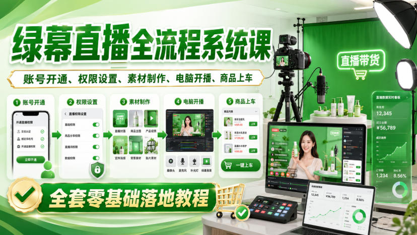 绿幕直播全流程系统课，账号开通、权限设置、素材制作、电脑开播、商品上车全套零基础落地教程-洛柒笔记
