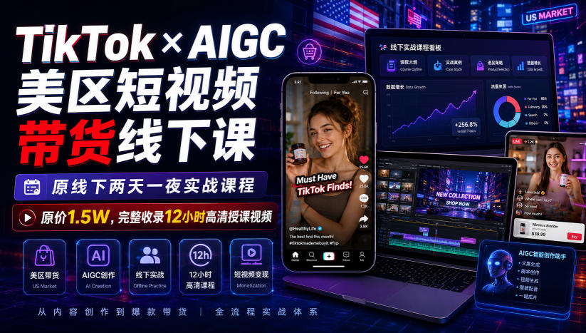 TikTok×AIGC美区短视频带货线下课，原线下两天一夜实战课程，原价1.5W，完整收录12小时高清授课视频-洛柒笔记