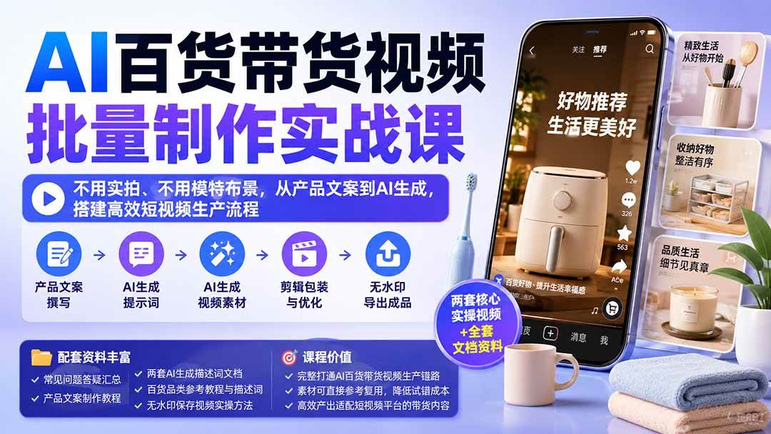 （20179期）AI百货带货视频批量制作实战课：不用实拍、不用模特布景，从产品文案到AI生成，搭建高效短视频生产流程-洛柒笔记