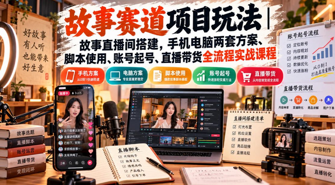 故事赛道项目玩法｜故事直播间搭建，手机电脑两套方案、脚本使用、账号起号、直播带货全流程实战课程-洛柒笔记