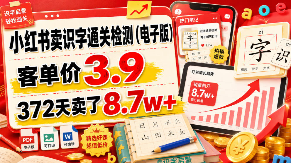 小红书卖识字通关检测（电子版），客单价3.9，372天卖了8.7w+-洛柒笔记