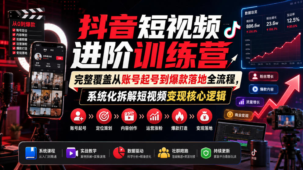 抖音短视频进阶训练营，完整覆盖从账号起号到爆款落地全流程，系统化拆解短视频变现核心逻辑-洛柒笔记