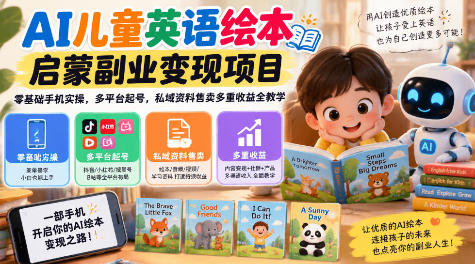 AI儿童英语绘本启蒙副业变现项目，零基础手机实操，多平台起号，私域资料售卖多重收益全教学-洛柒笔记