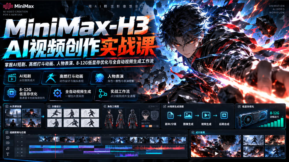 MiniMax-H3 AI视频创作实战课，掌握AI短剧、高燃打斗动画、人物表演、8-12G低显存优化与全自动视频生成工作流-洛柒笔记