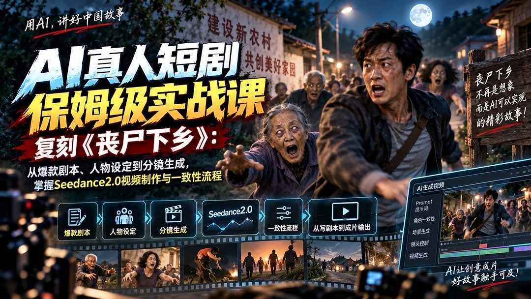 （20360期）AI真人短剧保姆级实战课，复刻《丧尸下乡》：从爆款剧本、人物设定到分镜生成，掌握Seedance2.0视频制作与一致性流程-洛柒笔记