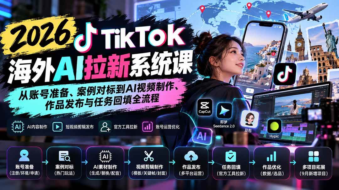 （20675期）【无水印】2026 TikTok海外AI拉新系统课：从账号准备、案例对标到AI视频制作、作品发布与任务回填全流程-洛柒笔记