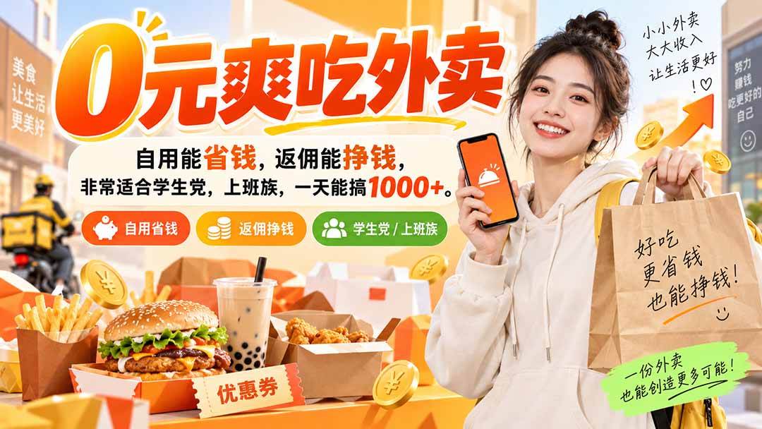 （20309期）0元爽吃外卖，自用能省钱，返佣能挣钱，非常适合学生党，上班族，一天能搞1000+-洛柒笔记