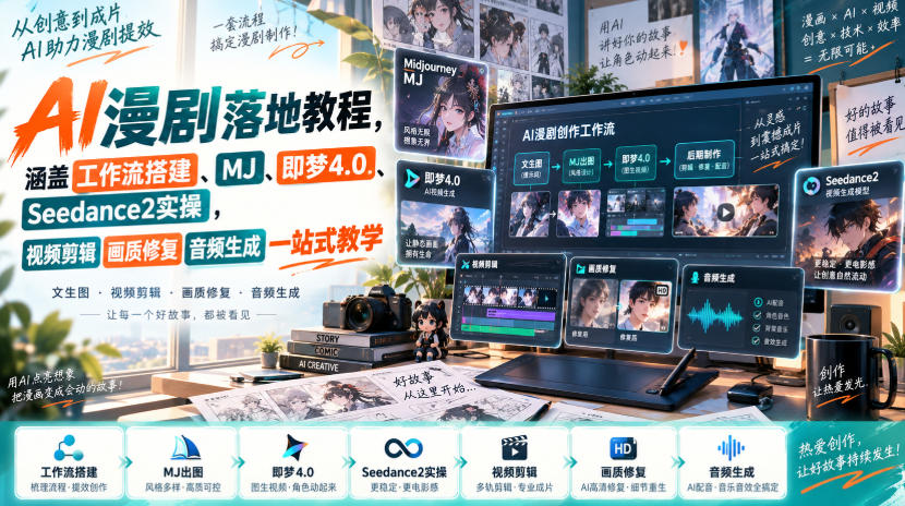 AI漫剧落地教程，涵盖工作流搭建、MJ、即梦4.0、Seedance2实操，视频剪辑画质修复音频生成一站式教学-洛柒笔记