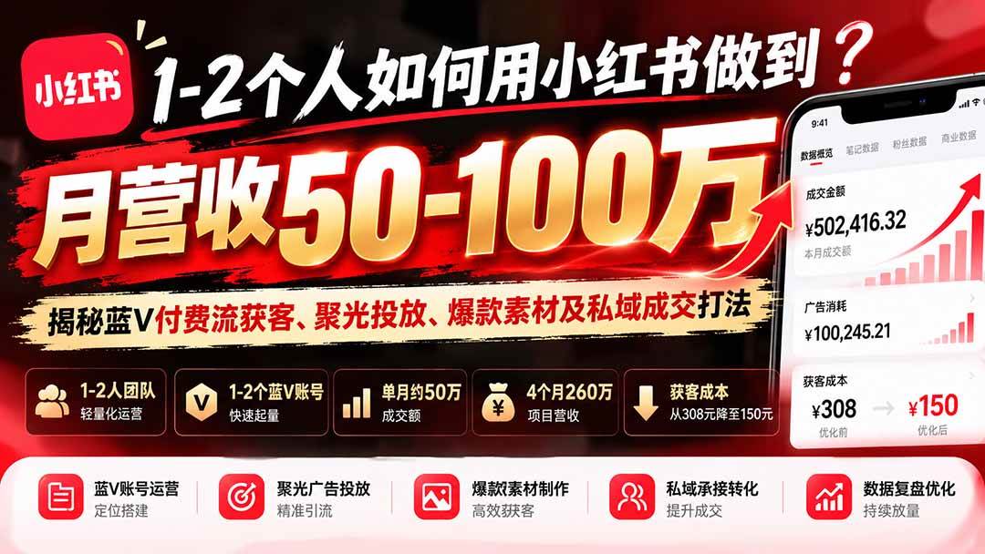 （20939期）1-2个人如何用小红书做到月营收50-100万？揭秘蓝V付费流获客、聚光投放、爆款素材及私域成交打法-洛柒笔记