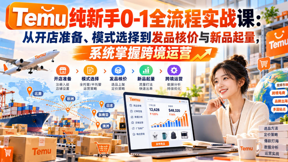 【无水印】Temu纯新手0-1全流程实战课：从开店准备、模式选择到发品核价与新品起量，系统掌握跨境运营-洛柒笔记