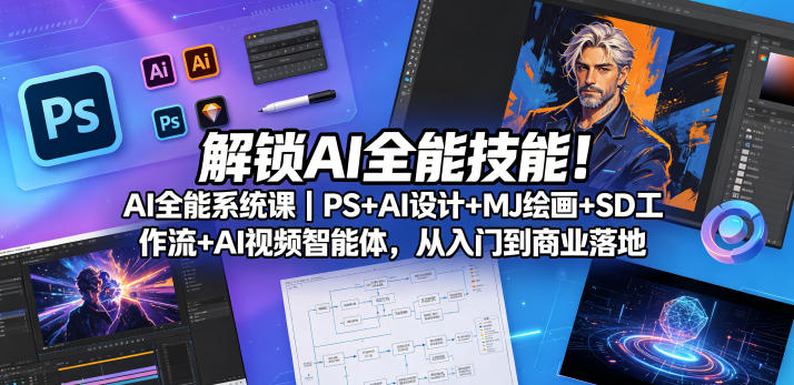 解锁AI全能技能！AI全能系统课｜PS+AI设计+MJ绘画+SD工作流+AI视频智能体，从入门到商业落地-洛柒笔记