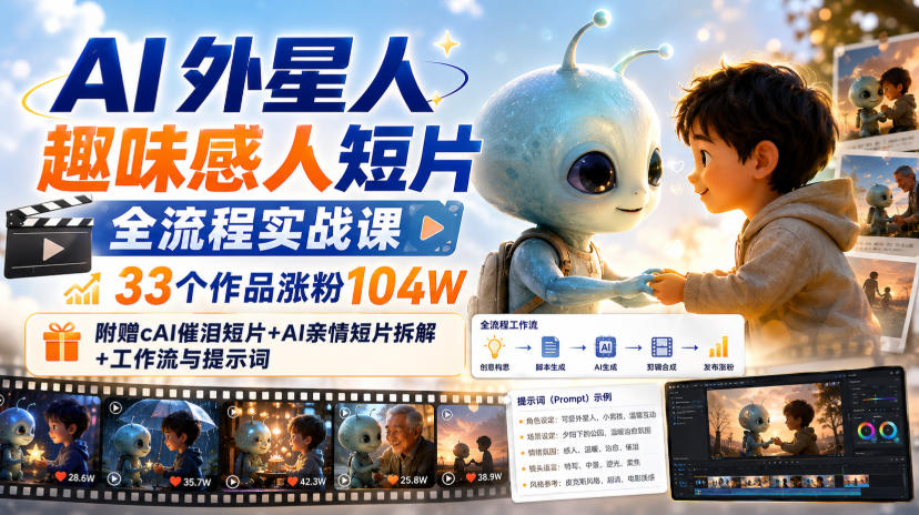 AI外星人趣味感人短片全流程实战课，33个作品涨粉104W，附赠AI催泪短片+AI亲情短片拆解+工作流与提示词-洛柒笔记