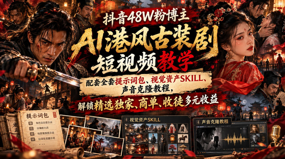 抖音48W粉博主AI港风古装剧短视频教学，配套全套提示词包、视觉资产SKILL、声音克隆教程，解锁精选独家、商单、收徒多元收益-洛柒笔记