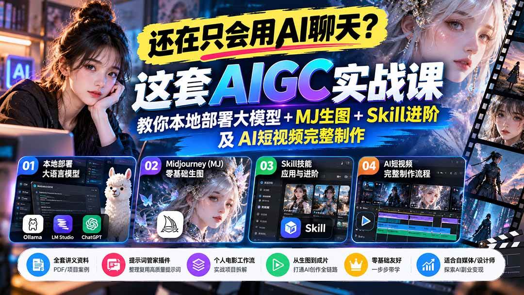 （21135期）【无水印】还在只会用AI聊天？这套AIGC实战课教你本地部署大模型+MJ生图+Skill进阶及AI短视频完整制作-洛柒笔记