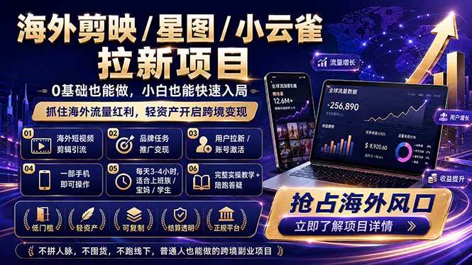 （18567期）海外剪映 / 星图 / 小云雀拉新项目 普通人也能上手的跨境流量变现副业-洛柒笔记