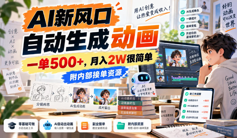 AI新风口，自动生成动画，一单500+，月入2W很简单，附内部接单资源【揭秘】-洛柒笔记