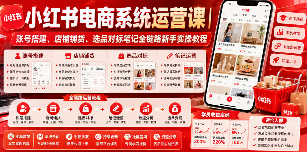 小红书电商系统运营课｜账号搭建、店铺铺货、选品对标笔记全链路新手实操教程-洛柒笔记