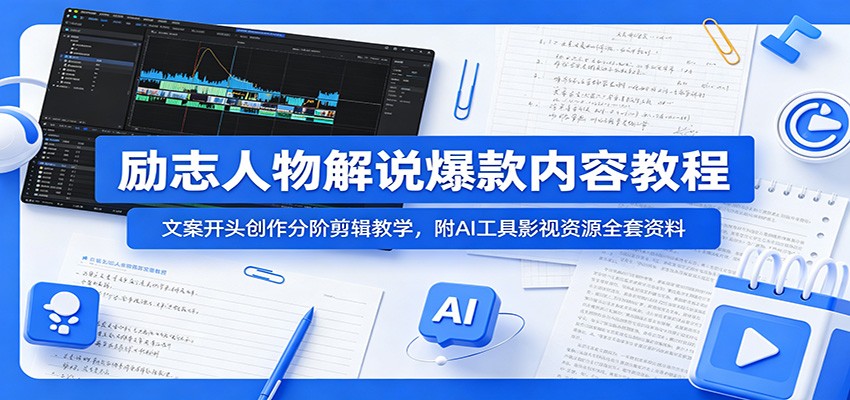 励志人物解说爆款内容教程：文案开头创作分阶剪辑教学，附AI 工具影视资源全套资料-洛柒笔记