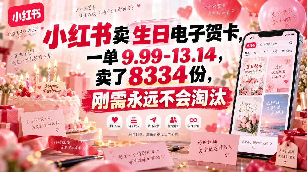 小红书卖生日电子贺卡，一单9.99-13.14，卖了8334份，刚需永远不会淘汰-洛柒笔记