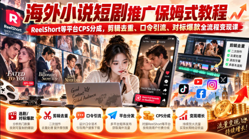 海外小说短剧推广保姆式教程｜ReelShort等平台CPS分成，剪辑去重、口令引流、对标爆款全流程变现课-洛柒笔记