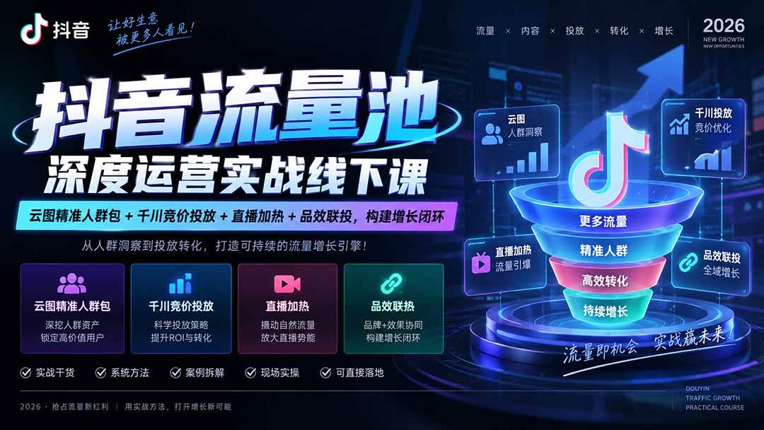 （20598期）抖音流量池深度运营实战线下课｜云图精准人群包+千川竞价投放+直播加热+品效联投，构建增长闭环-洛柒笔记