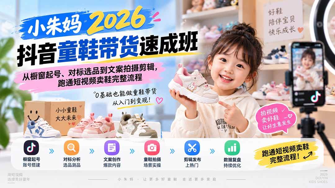（20267期）小朱妈2026抖音童鞋带货速成班：从橱窗起号、对标选品到文案拍摄剪辑，跑通短视频卖鞋完整流程-洛柒笔记