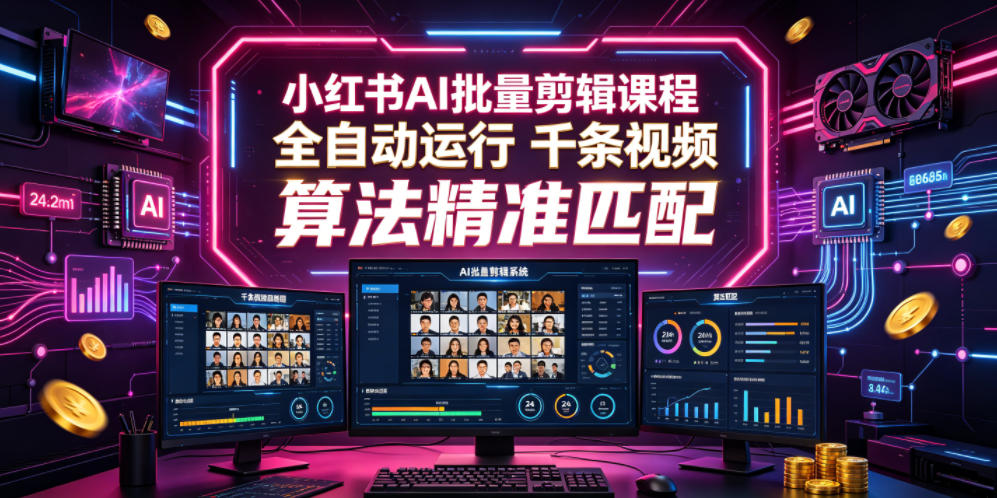 小红书AI批量剪辑课程，24小时全自动运行，解放双手专注运营，千条视频批量处理，小红书算法精准匹配-洛柒笔记