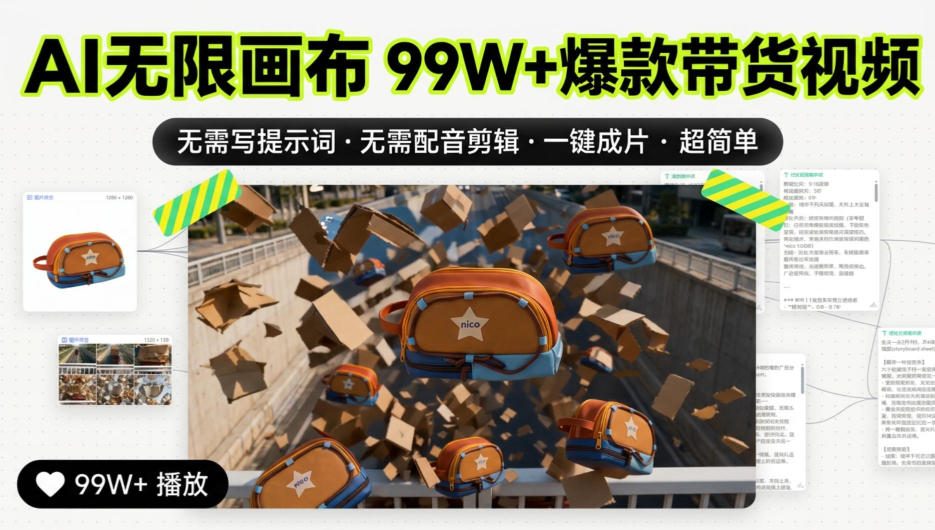 AI无限画布99W+爆款带货视频，无需写提示词·无需配音剪辑·一键成片·超简单-洛柒笔记