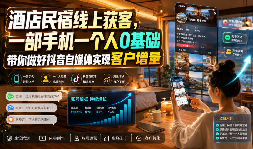 酒店民宿线上获客，一部手机一个人0基础带你做好抖音自媒体实现客户增量-洛柒笔记