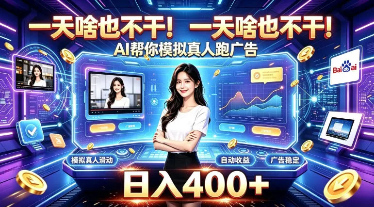 一天啥也不干！AI帮你模拟真人跑广告，稳定日入400+，实现真正被动变现-洛柒笔记