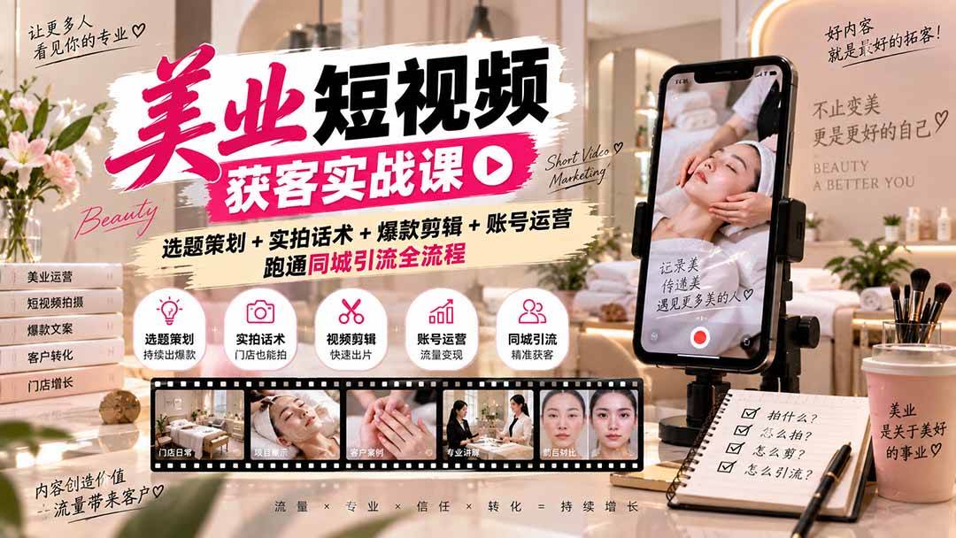（20586期）美业短视频获客实战课-无水印：选题策划+实拍话术+爆款剪辑+账号运营，跑通同城引流全流程-洛柒笔记