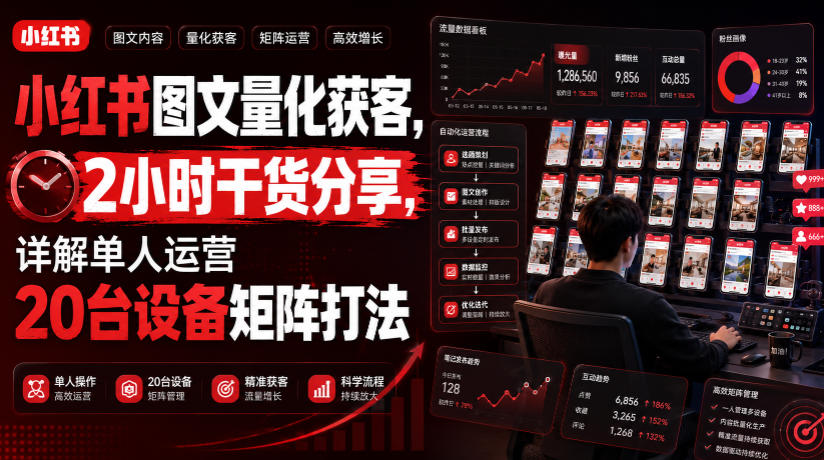 小红书图文量化获客，2小时干货分享，详解单人运营20台设备矩阵打法-洛柒笔记