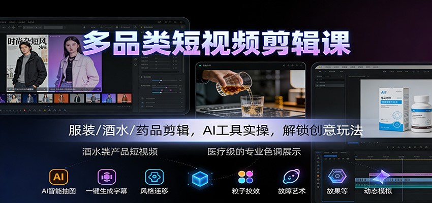 多品类短视频剪辑课：服装/酒水/药品剪辑，AI工具实操，解锁创意玩法-洛柒笔记