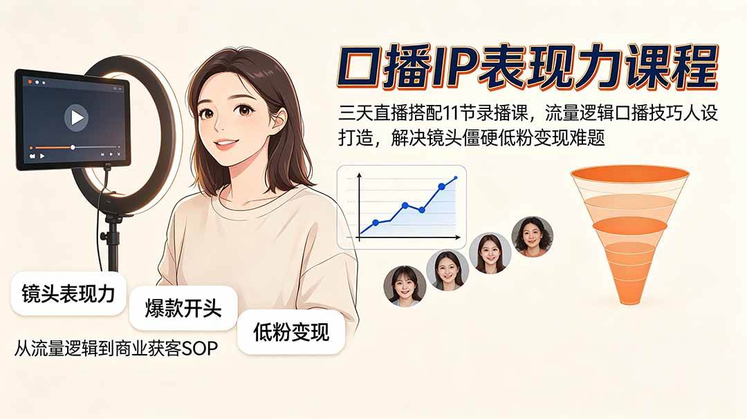 （19604期）口播IP表现力课程｜三天直播搭配11节录播课，流量逻辑口播技巧人设打造，解决镜头僵硬低粉变现难题-洛柒笔记