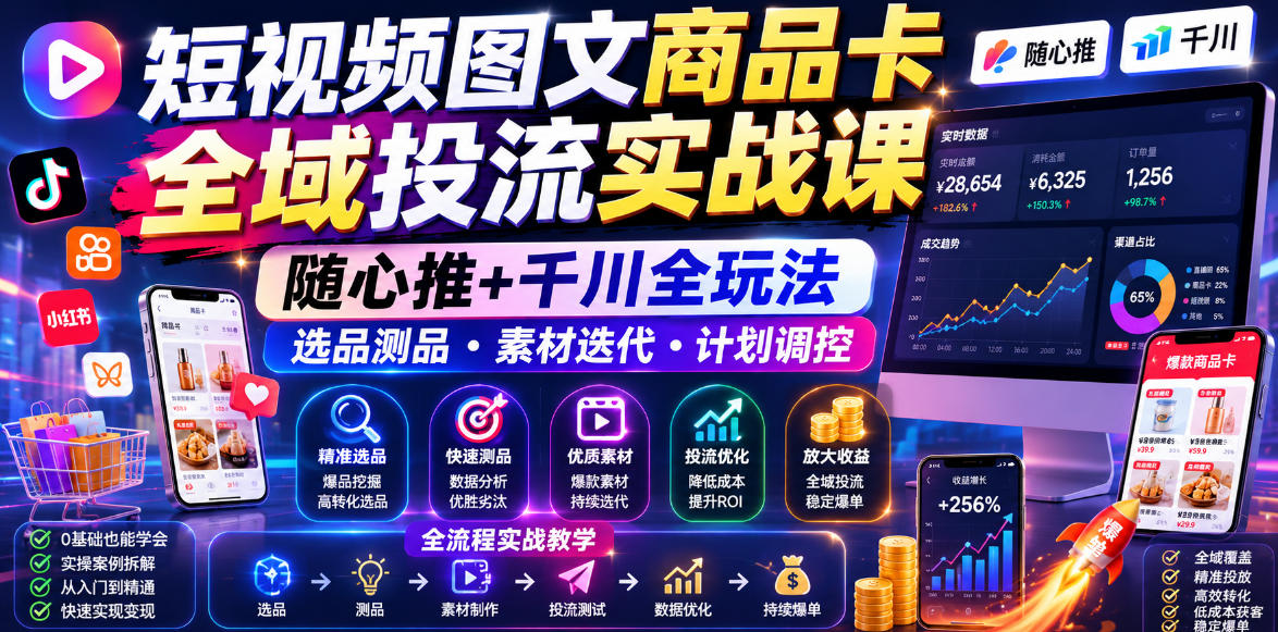 短视频图文商品卡全域投流实战课，随心推+千川全玩法，选品测品・素材迭代・计划调控，提升ROI爆单增收教程-洛柒笔记