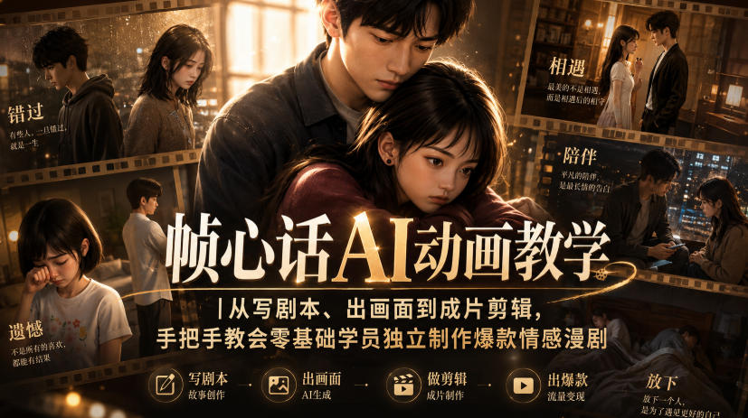 帧心话AI动画教学｜从写剧本、出画面到成片剪辑，手把手教会零基础学员独立制作爆款情感漫剧-洛柒笔记